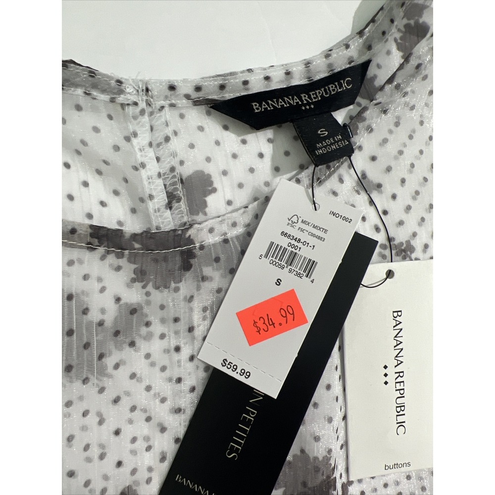 Banana Republic Blouse Size S Long Ruched Sleeve See Thur Black White Floral - Picture 8 of 10